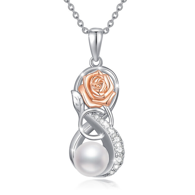 Sterling Silver Two-tone Circular Shaped Pearl Rose & Infinity Symbol Pendant Necklace-0