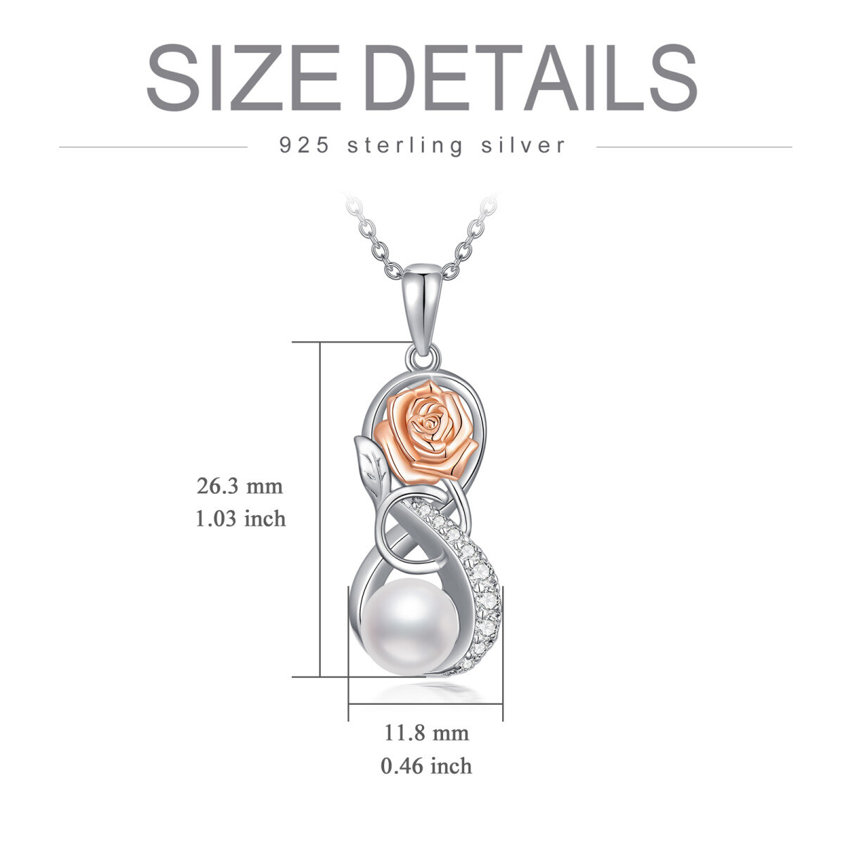 Sterling Silver Two-tone Circular Shaped Pearl Rose & Infinity Symbol Pendant Necklace-5