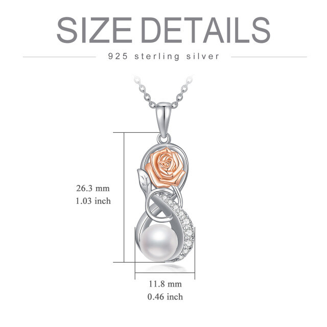 Sterling Silver Two-tone Circular Shaped Pearl Rose & Infinity Symbol Pendant Necklace-4