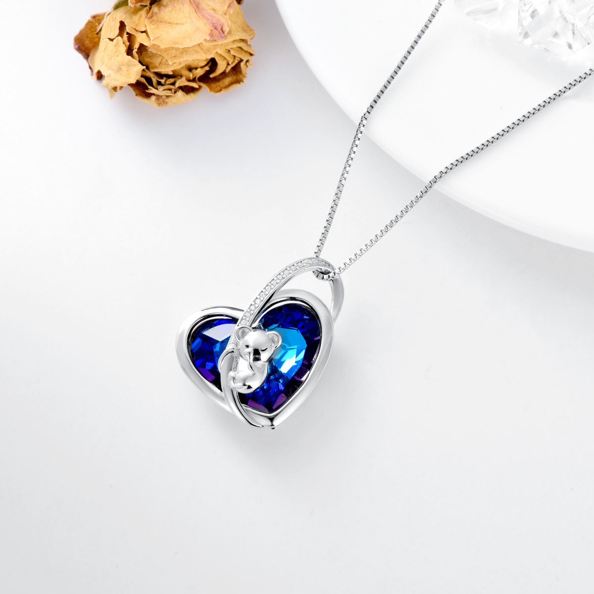Sterling Silver Heart Koala & Mother Crystal Pendant Necklace-5