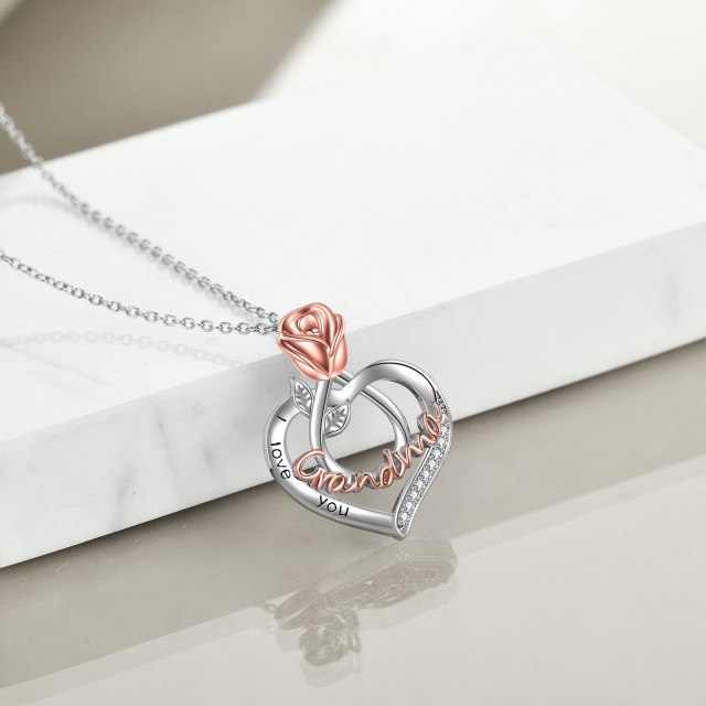 Sterling Silver Two-tone Cubic Zirconia Rose & Heart Pendant Necklace with Engraved Word-4