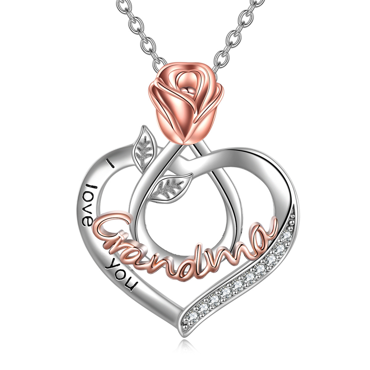 Sterling Silber zweifarbig Zirkonia Rose & Herz Anhänger Halskette mit eingraviertem Wort-1