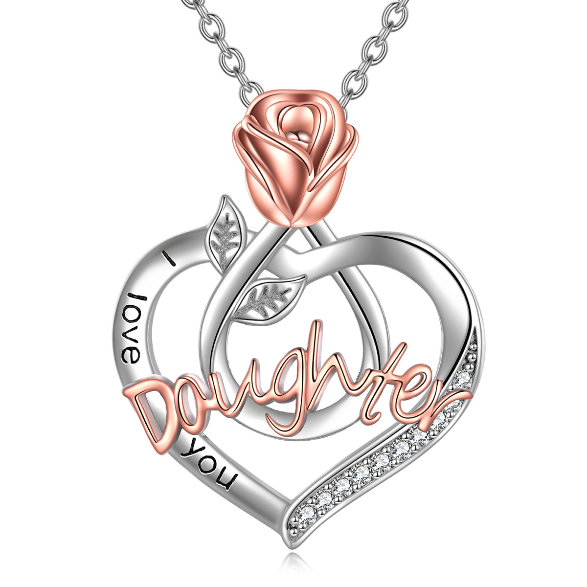 Sterling Silver Two-tone Round Cubic Zirconia Rose & Heart Pendant Necklace with Engraved Word-1