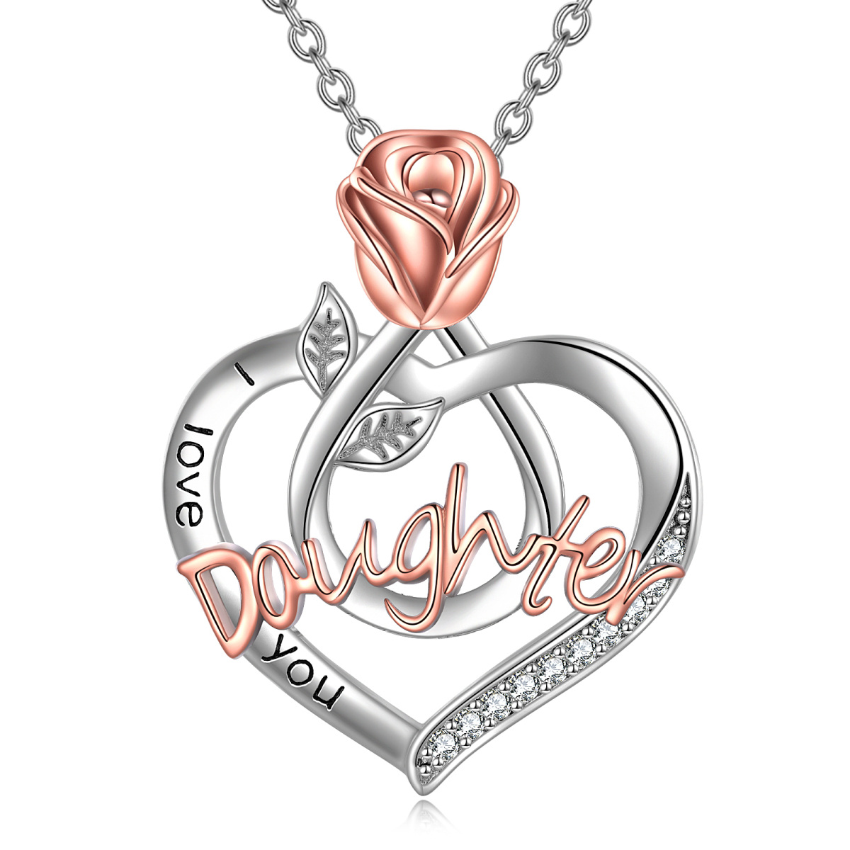 Collier en argent sterling avec pendentif rose et cœur en zirconium cubique rond bicolore-1