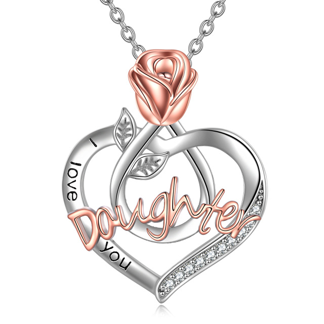 Sterling Silver Two-tone Round Cubic Zirconia Rose & Heart Pendant Necklace with Engraved Word-0