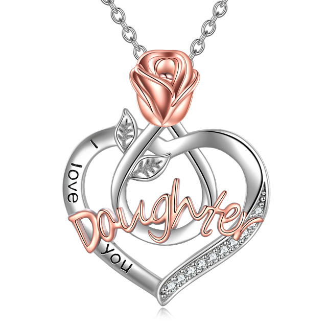 Collier en argent sterling avec pendentif rose et cœur en zirconium cubique rond bicolore-0