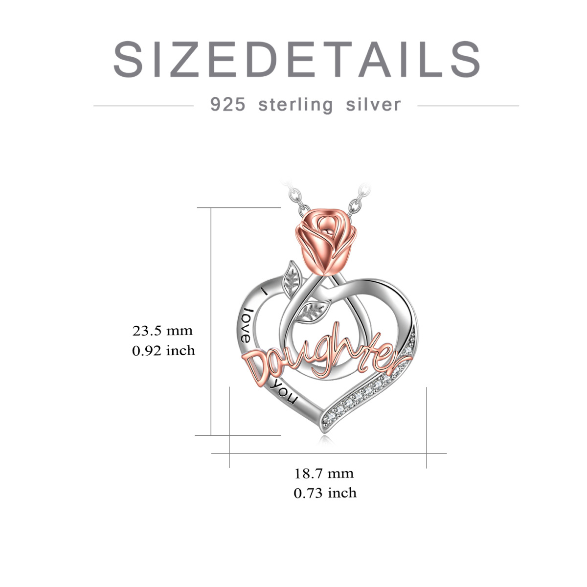 Sterling Silver Two-tone Round Cubic Zirconia Rose & Heart Pendant Necklace with Engraved Word-6