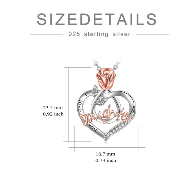 Sterling Silver Two-tone Round Cubic Zirconia Rose & Heart Pendant Necklace with Engraved Word-5