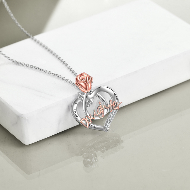 Sterling Silver Two-tone Round Cubic Zirconia Rose & Heart Pendant Necklace with Engraved Word-4