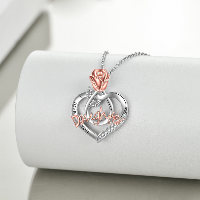 Sterling Silver Two-tone Round Cubic Zirconia Rose & Heart Pendant Necklace with Engraved Word-3