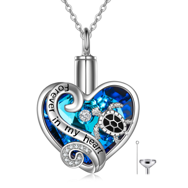 Sterling Silver Heart Shaped Crystal Sea Turtle & Heart Urn Necklace for Ashes with Engraved Word-2