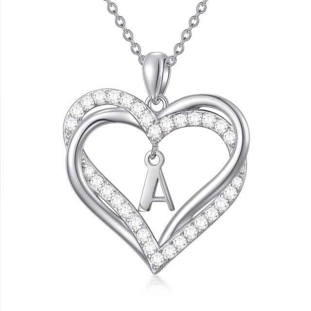 Sterling Silver Heart Shaped Cubic Zirconia Personalized Initial Letter & Heart Pendant Necklace with Initial Letter A-0