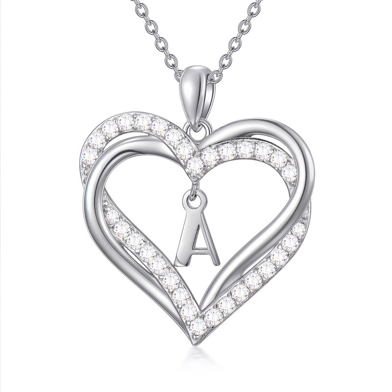 Sterling Silver Heart Shaped Cubic Zirconia Personalized Initial Letter & Heart Pendant Necklace with Initial Letter A