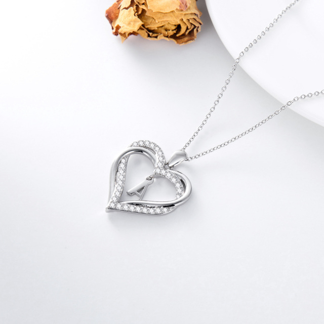 Sterling Silver Heart Shaped Cubic Zirconia Personalized Initial Letter & Heart Pendant Necklace with Initial Letter A-5