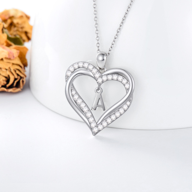 Sterling Silver Heart Shaped Cubic Zirconia Personalized Initial Letter & Heart Pendant Necklace with Initial Letter A-4