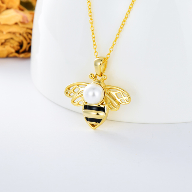 Sterling Silver Two-tone Round Pearl Bees Pendant Necklace-3