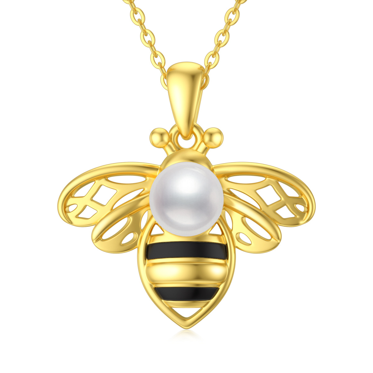 Sterling Silver Two-tone Round Pearl Bees Pendant Necklace-1
