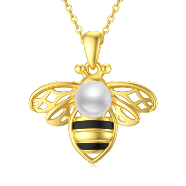 Sterling Silver Two-tone Round Pearl Bees Pendant Necklace-0