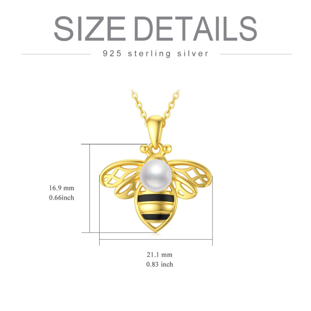 Sterling Silver Two-tone Round Pearl Bees Pendant Necklace-2