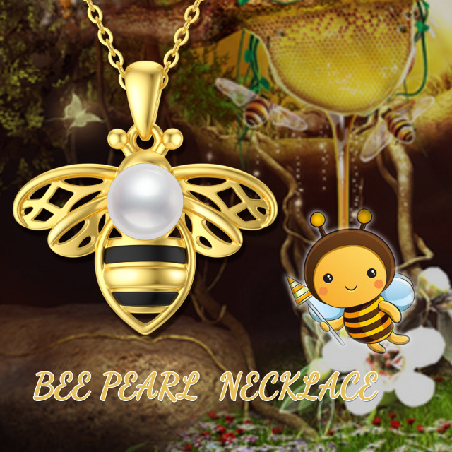 Sterling Silver Two-tone Round Pearl Bees Pendant Necklace-5