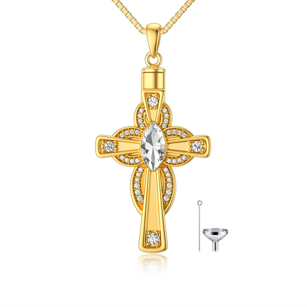 Sterling Silver with Yellow Gold Plated Oval Crystal Cross Urn Necklace for Ashes-1