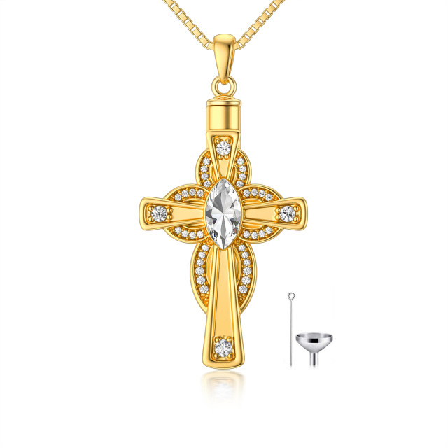 Sterling Silver with Yellow Gold Plated Oval Crystal Cross Urn Necklace for Ashes-0