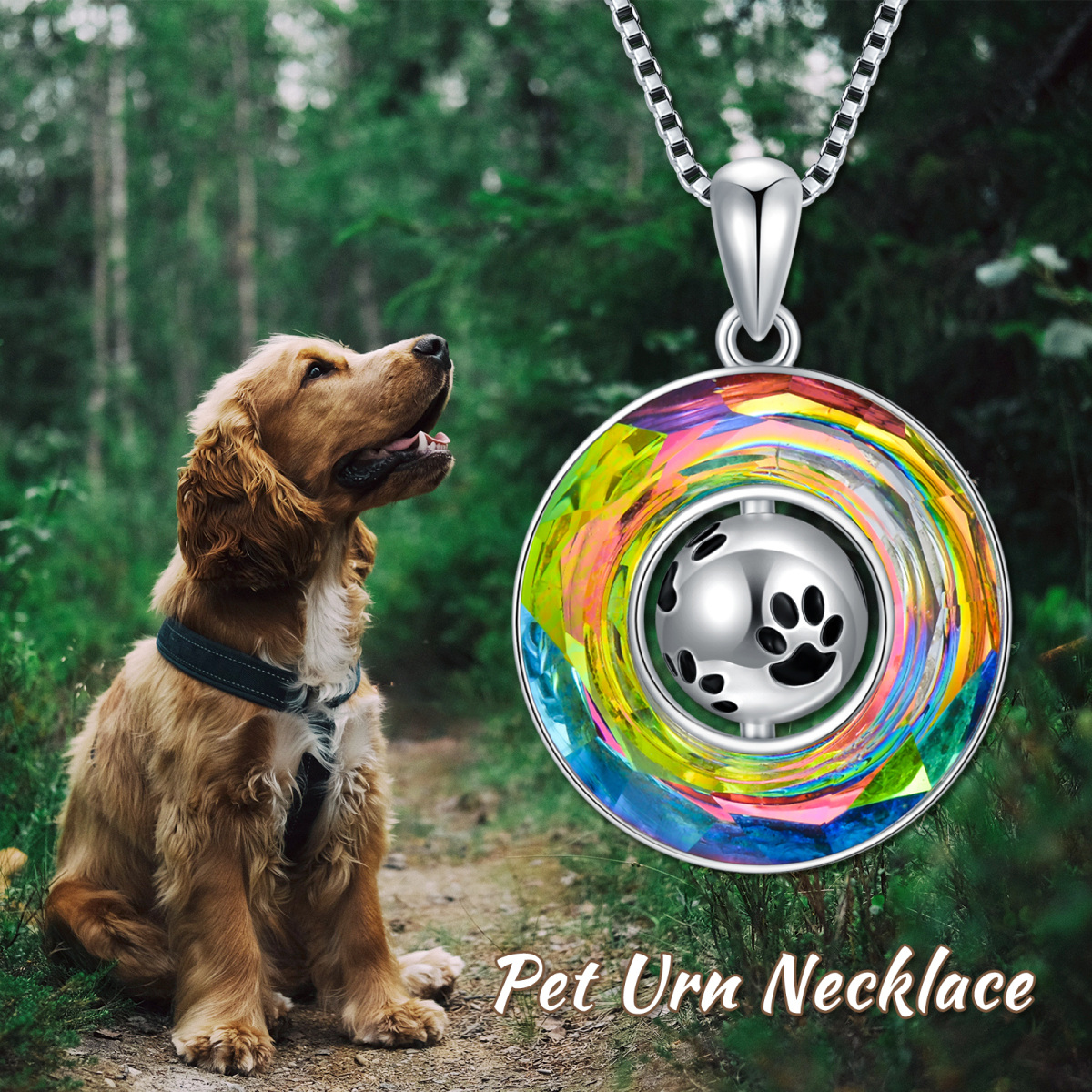 Sterling Silver Circular Shaped Crystal Dog Urn Necklace for Ashes-6