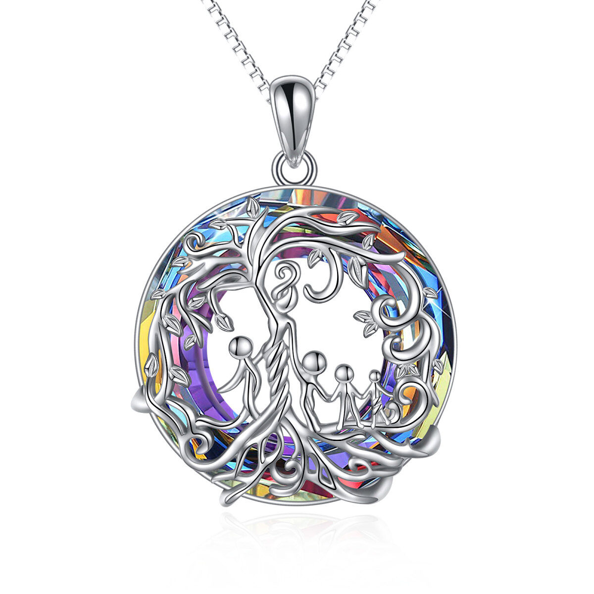 Sterling Silver Round Crystal Tree Of Life & Grandmother & Mother & Mother & Daughter Pendant Necklace-1