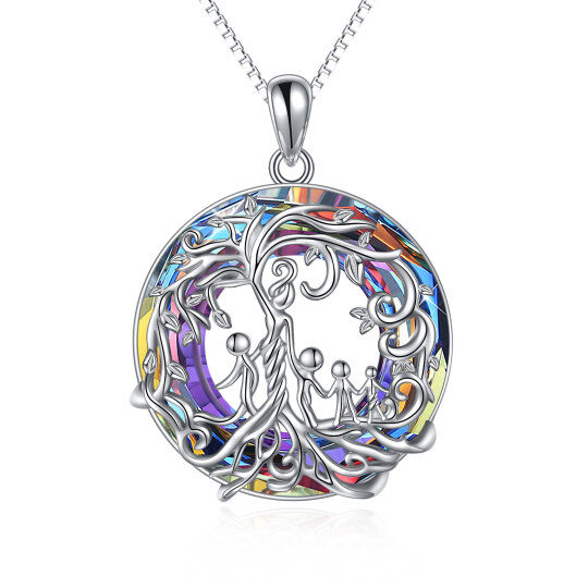 Sterling Silver Round Crystal Tree Of Life & Grandmother & Mother & Mother & Daughter Pendant Necklace