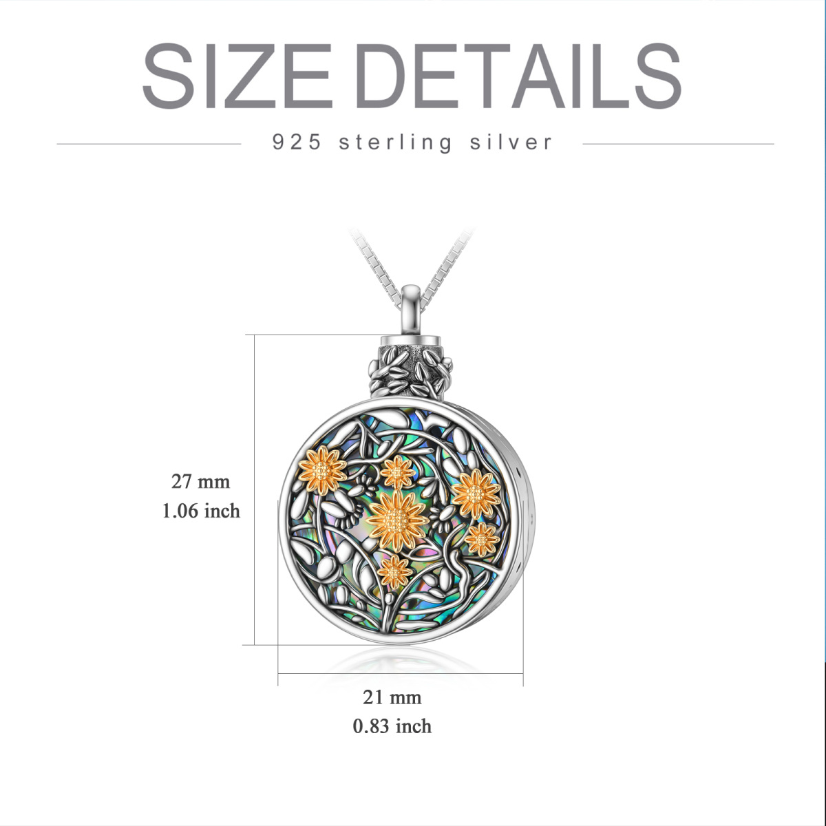 Sterling Silver Round Abalone Shellfish Sunflower Urn Necklace for Ashes-3