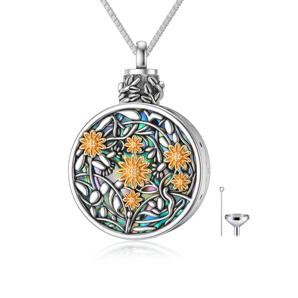 Sterling Silver Round Abalone Shellfish Sunflower Urn Necklace for Ashes-1