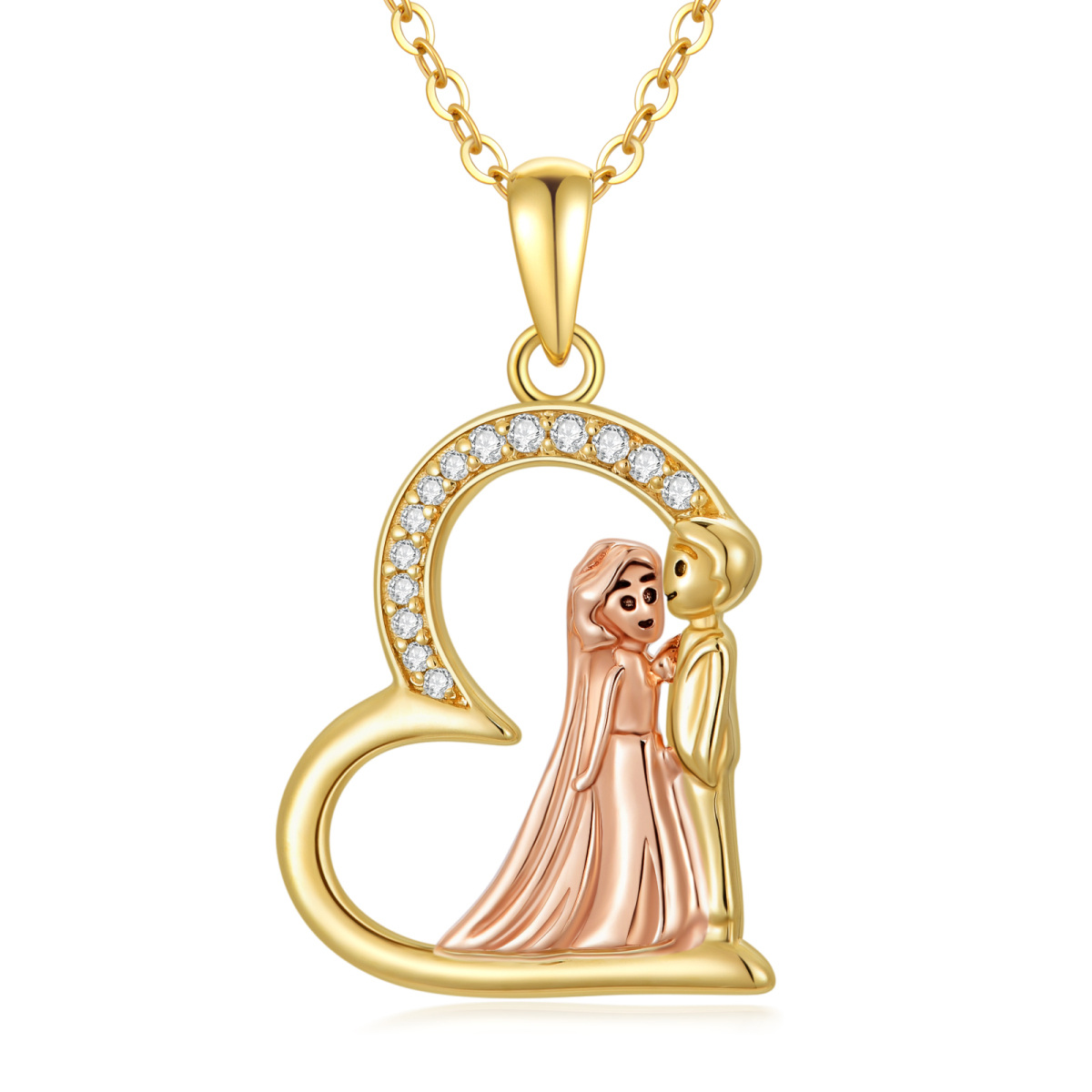 Collier de couple en or 14K et or rose avec pendentif en zircon de forme circulaire-1