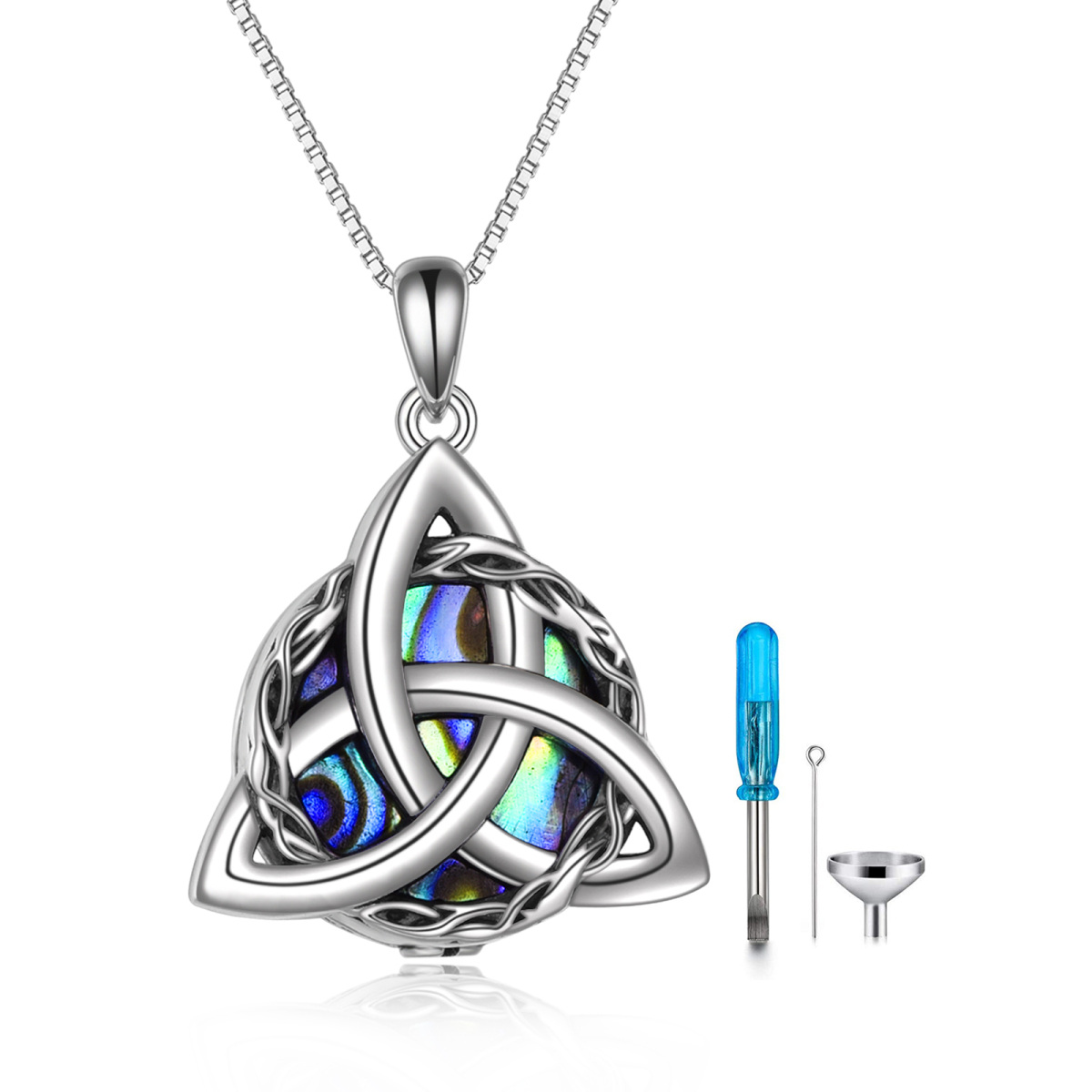 Sterling Silver Round Abalone Shellfish Celtic Knot Urn Necklace for Ashes with Engraved Word-1