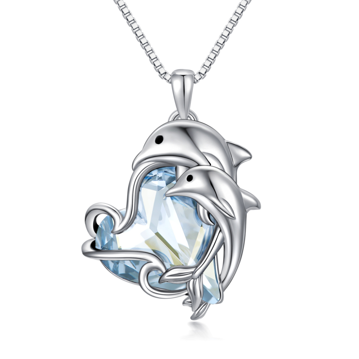 Sterling Silver Heart Dolphin Crystal Pendant Necklace-1