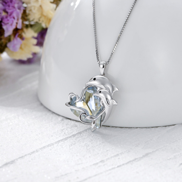 Sterling Silver Heart Shaped Dolphin Crystal Pendant Necklace-3