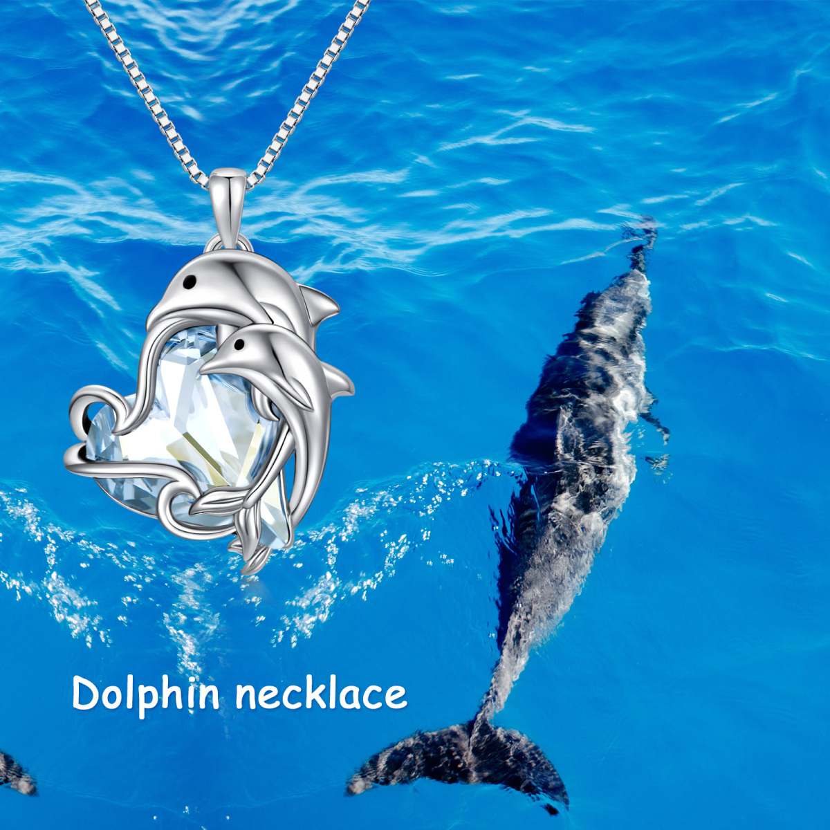 Sterling Silver Heart Dolphin Crystal Pendant Necklace-6