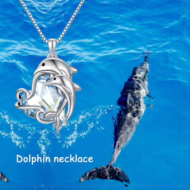 Sterling Silver Heart Shaped Dolphin Crystal Pendant Necklace-6