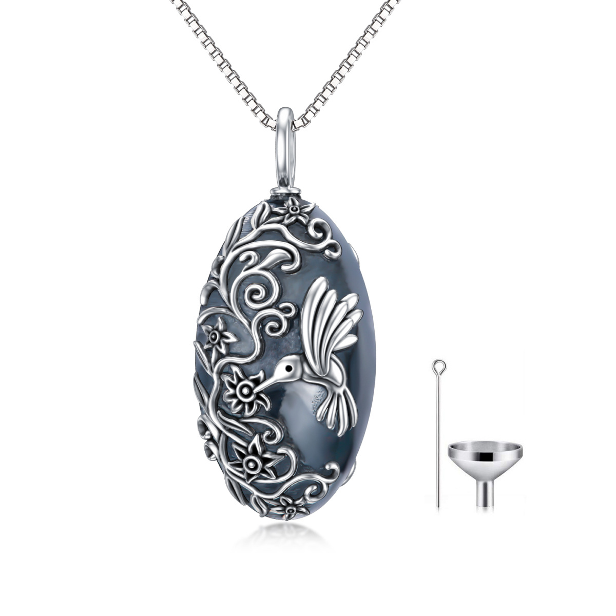 Sterling Silber mit schwarzem Rhodium Farbe Hummingbird Urne Halskette-1