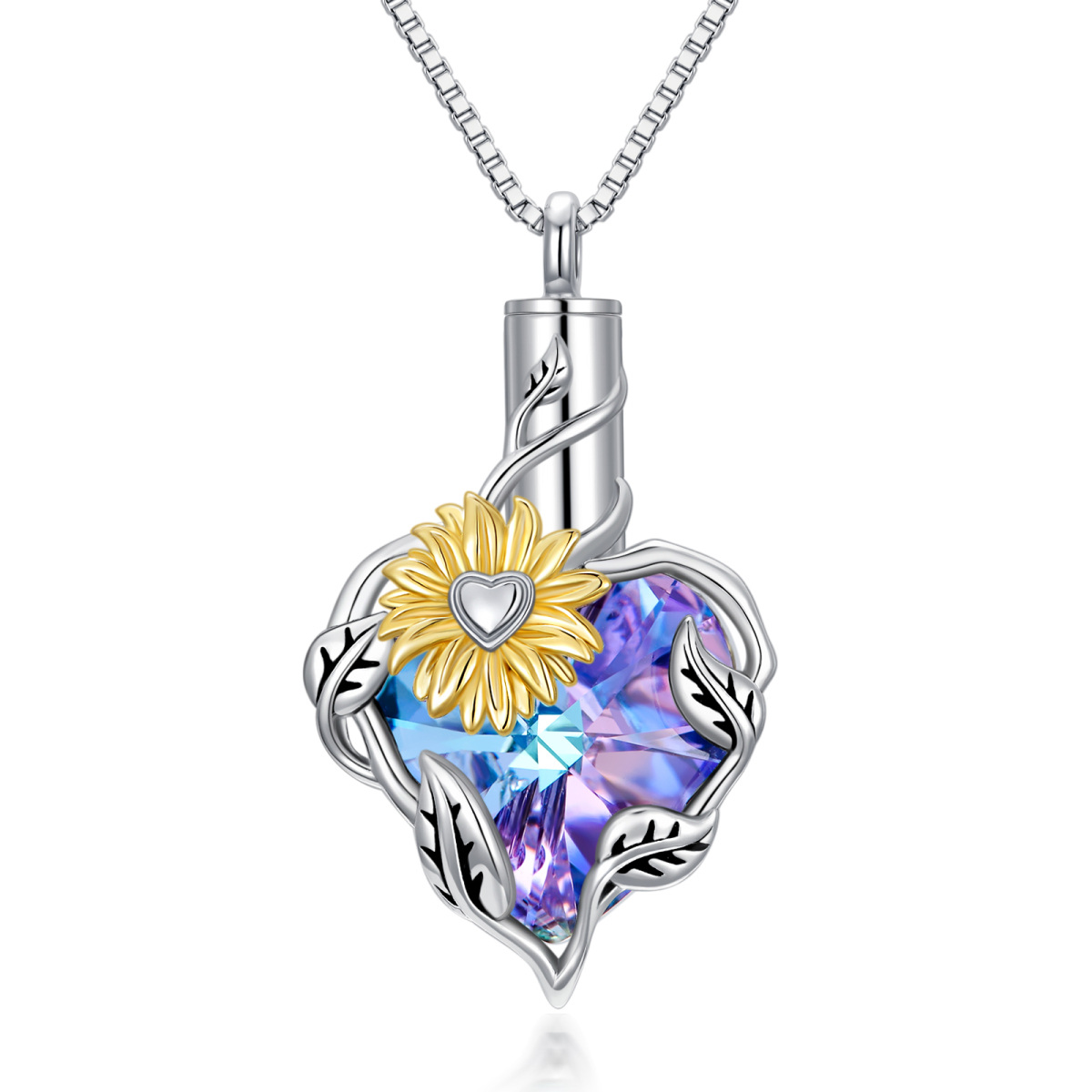 Sterling Silver Two-tone Heart Shaped Crystal Sunflower Urn Necklace for Ashes-1