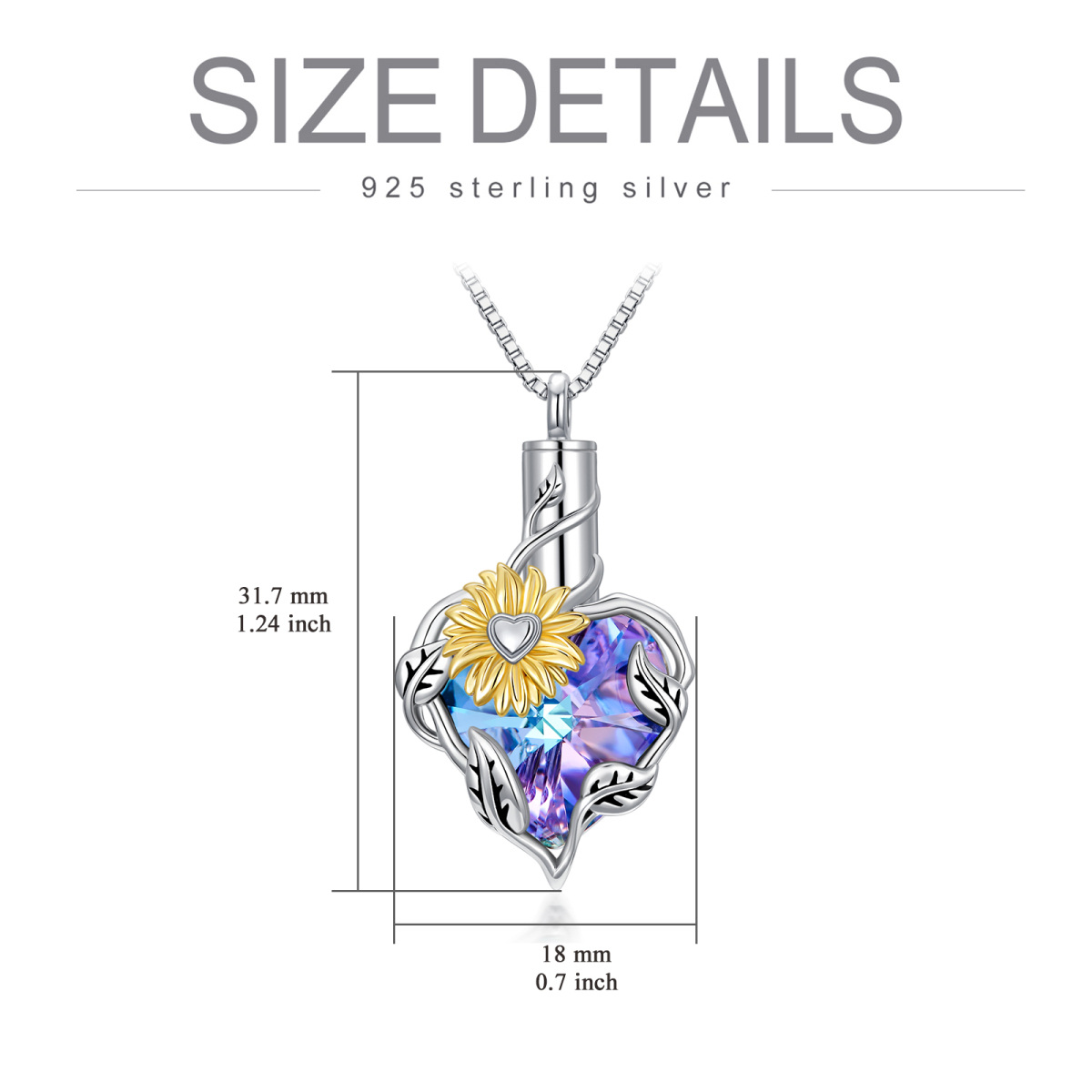 Collar de plata de ley con forma de corazón de cristal y girasol para cenizas-5