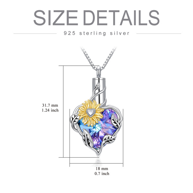 Sterling Silver Two-tone Heart Shaped Crystal Sunflower Urn Necklace for Ashes-4