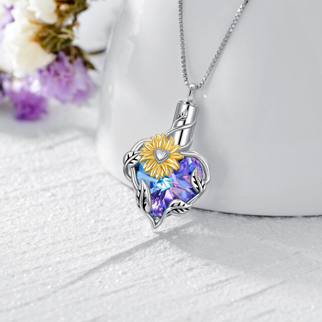 Sterling Silver Two-tone Heart Shaped Crystal Sunflower Urn Necklace for Ashes-2