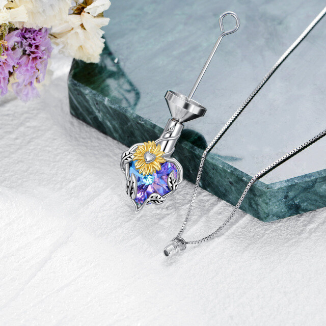 Sterling Silver Two-tone Heart Shaped Crystal Sunflower Urn Necklace for Ashes-3