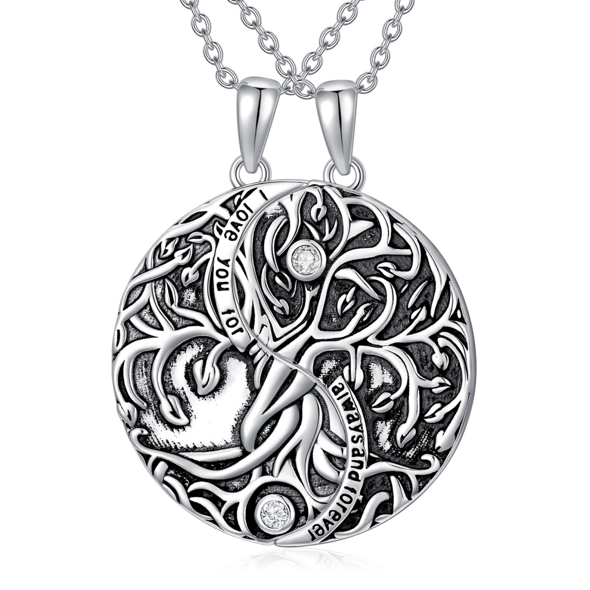 Sterling Silver Circular Shaped Crystal Tree Of Life & Yin Yang Pendant Necklace with Engraved Word-1