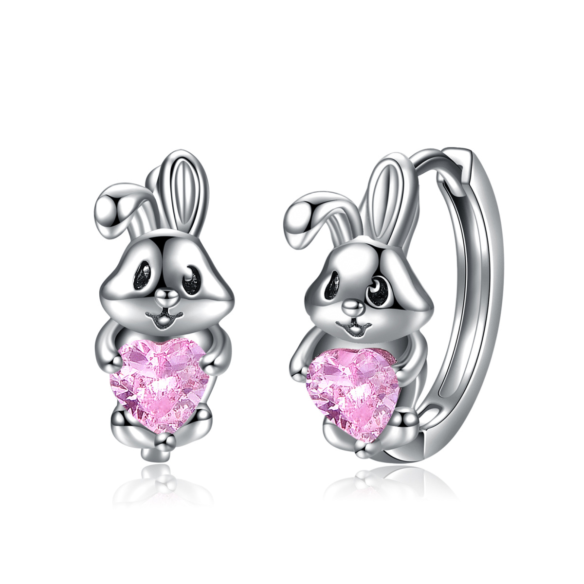 Sterling Silver Heart Shaped Cubic Zirconia Rabbit Hoop Earrings-1