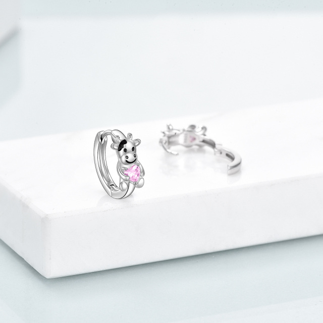 Sterling Silver Heart Shaped Cubic Zirconia Cow Hoop Earrings-3