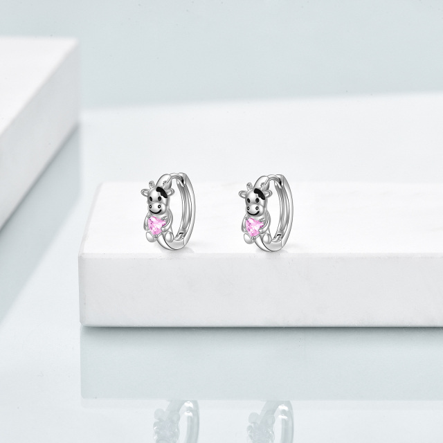 Sterling Silver Heart Shaped Cubic Zirconia Cow Hoop Earrings-4