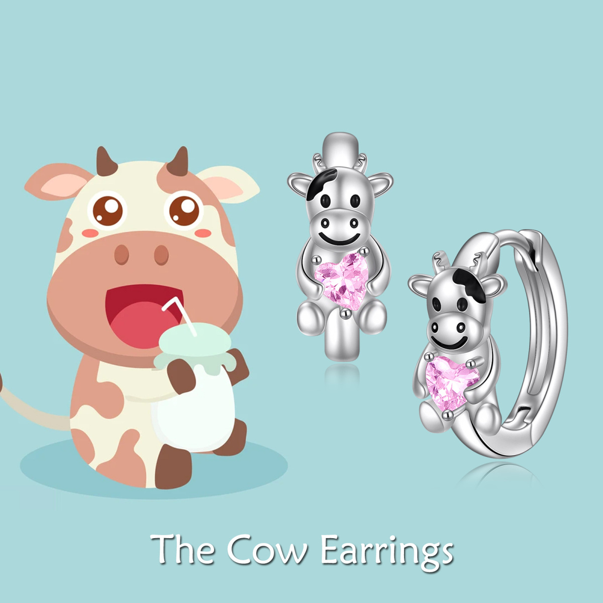 Sterling Silver Heart Shaped Cubic Zirconia Cow Hoop Earrings-6