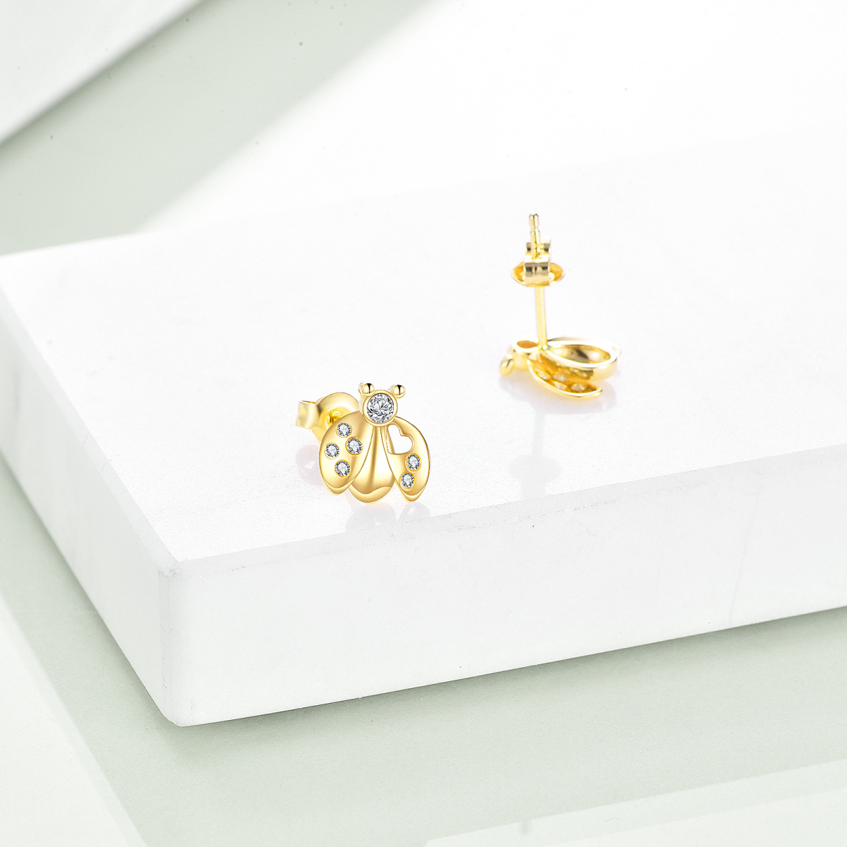 14K Gold Circular Shaped Cubic Zirconia Ladybug Stud Earrings-3