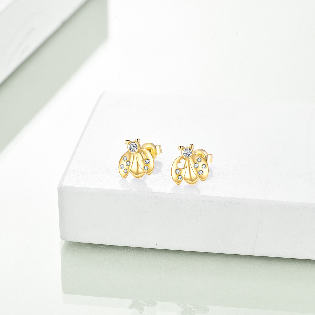 14K Gold Circular Shaped Cubic Zirconia Ladybug Stud Earrings-4